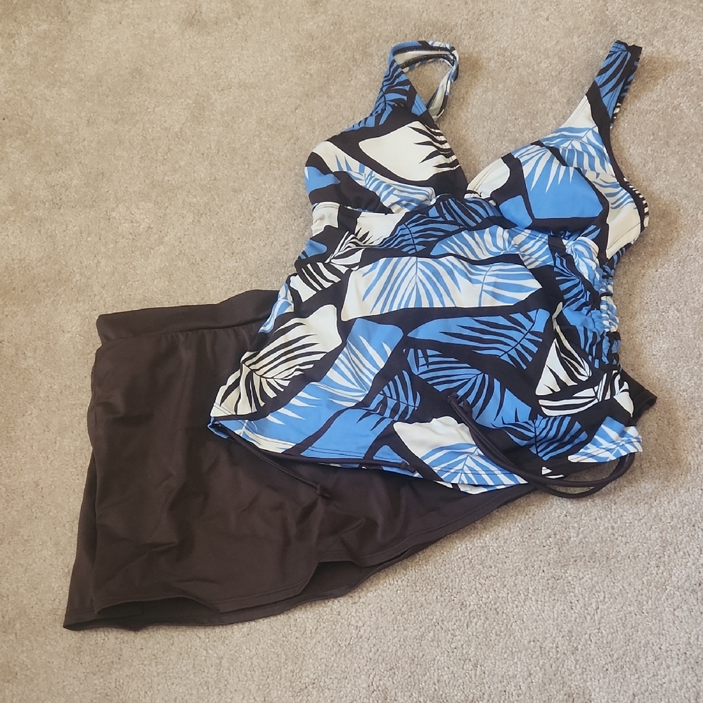 Blue and Black Leaf Print Tankini Set